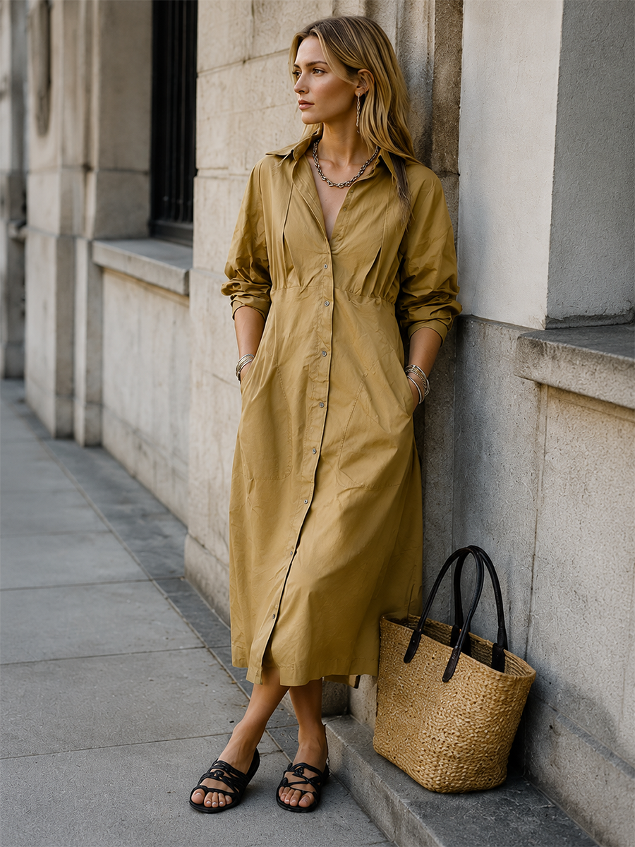 Relaxed Luxe Deep V Collared Utility Midi Dress