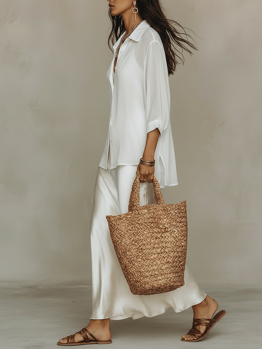 Effortless Resort Chic White Button-Down Blouse & Satin Maxi Dress Set