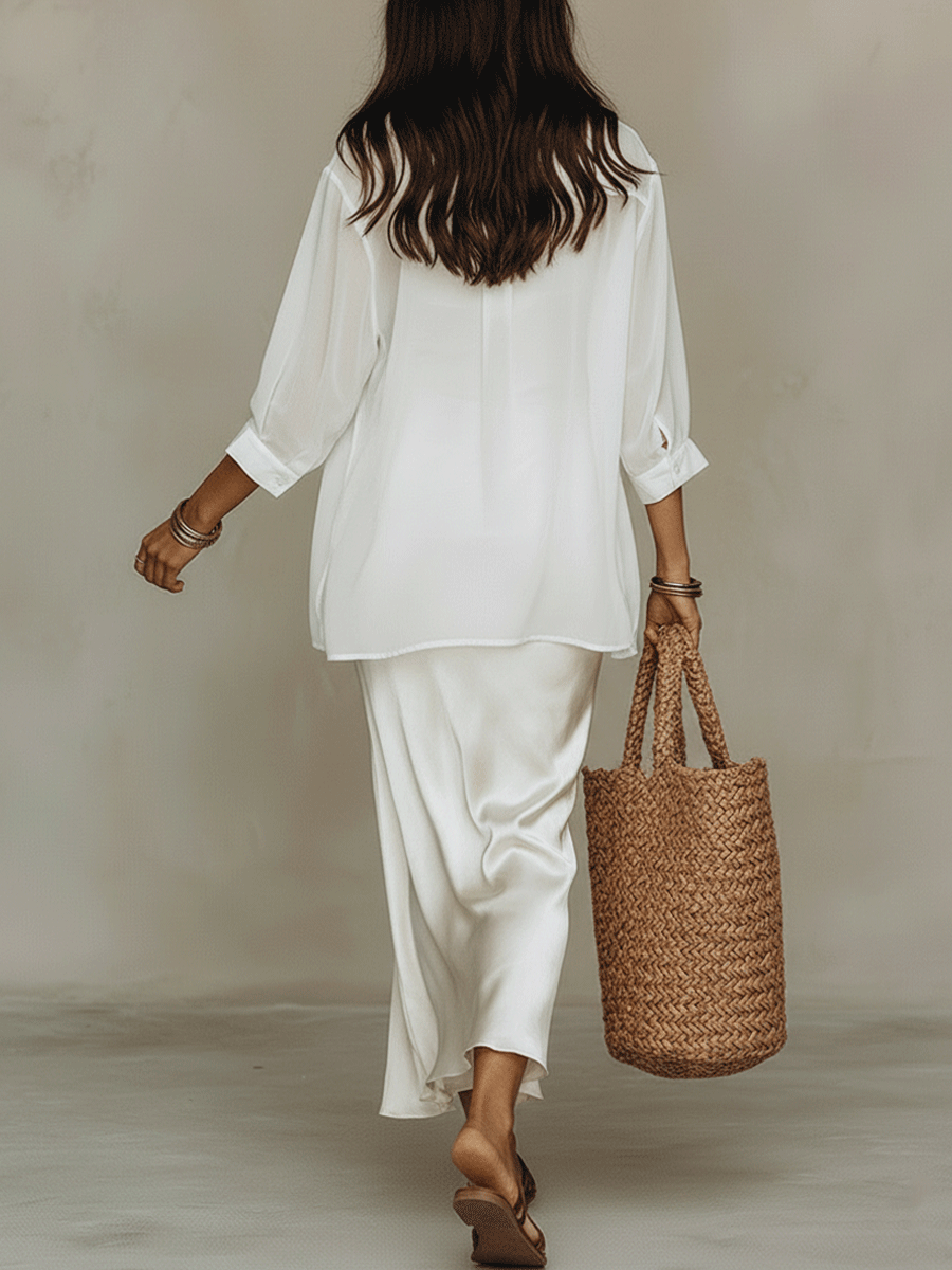 Effortless Resort Chic White Button-Down Blouse & Satin Maxi Dress Set