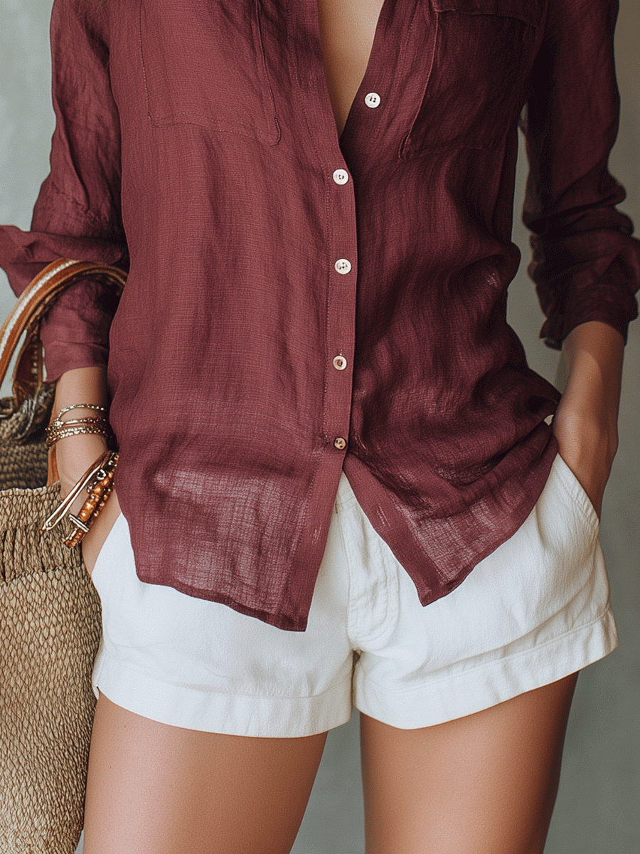 Vintage Wine Red Sheer Linen Button-Down Blouse And Shorts