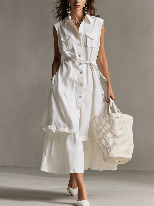 Timeless White Belted Shirt Midi Dress