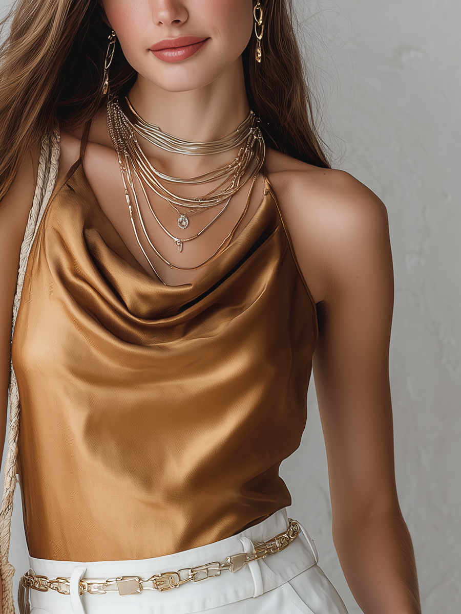 Minimalist And Luxurious Style Satin Cowl Neck Tank Top