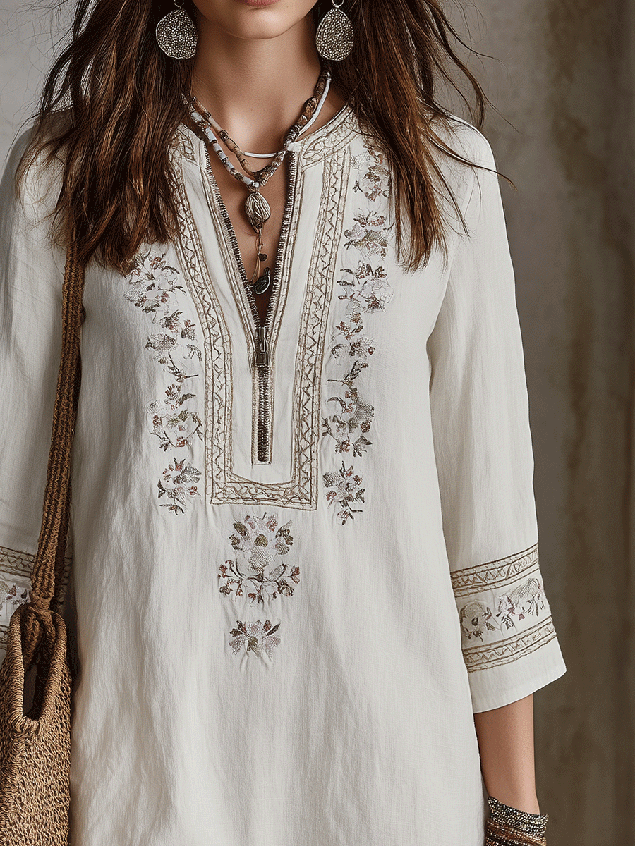 Vintage Ivory Embroidered Boho Tunic Mini Dress