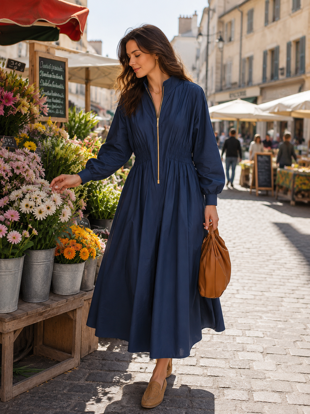Women's Zip-Up Stand Collar Long Sleeve Cinched Waist Maxi Dress