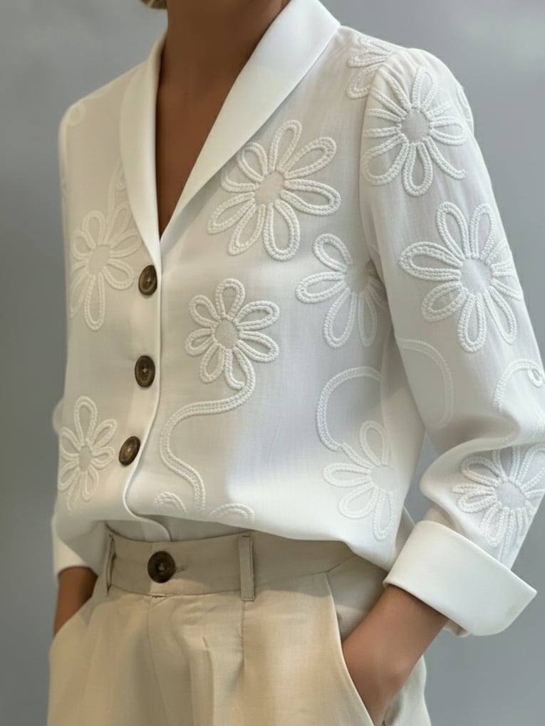 Women's Vintage Embroidered Floral Peter Pan Collar Cotton Shirt