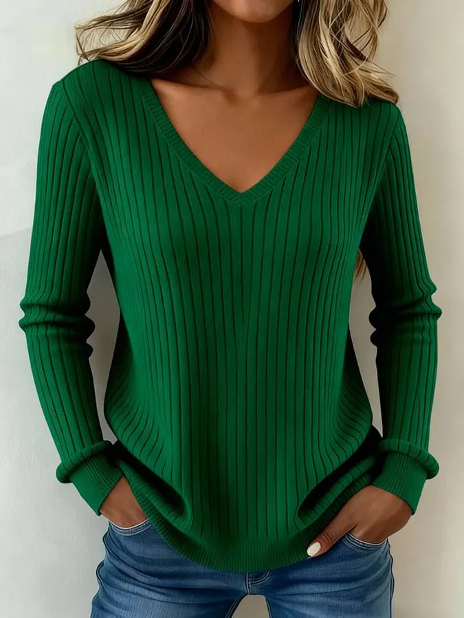 Women'S Long-Sleeved V-Neck Ribbed Sweater