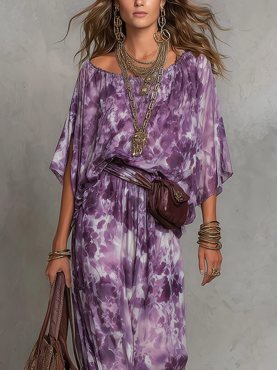 Lavender Print Bohemian Belted Maxi Dress