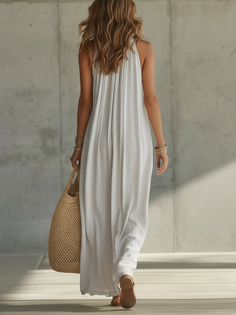 Flowy Halter Neck Pleated Maxi Dress