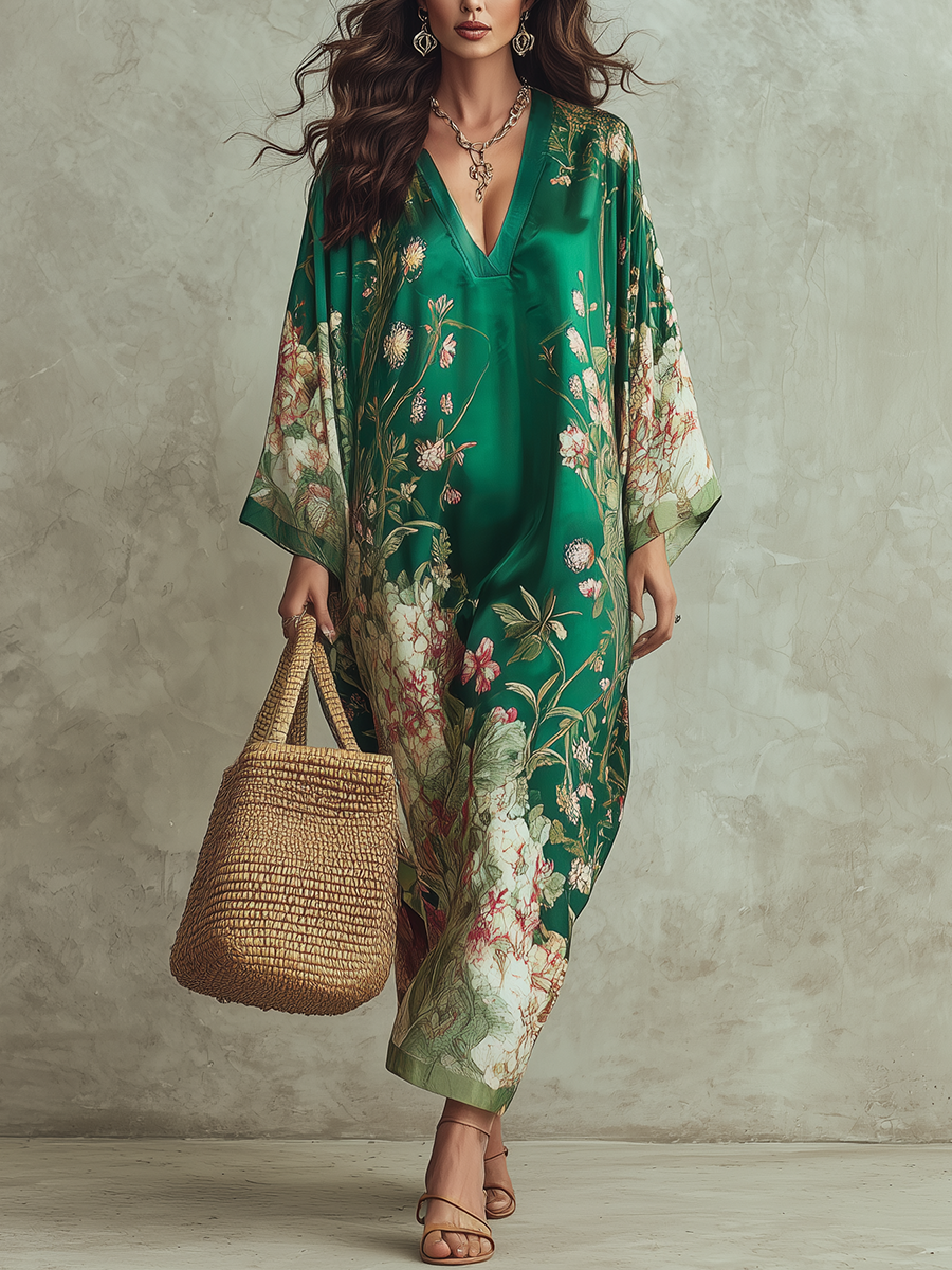 Luxurious Floral-Print  Kaftan Maxi Dress