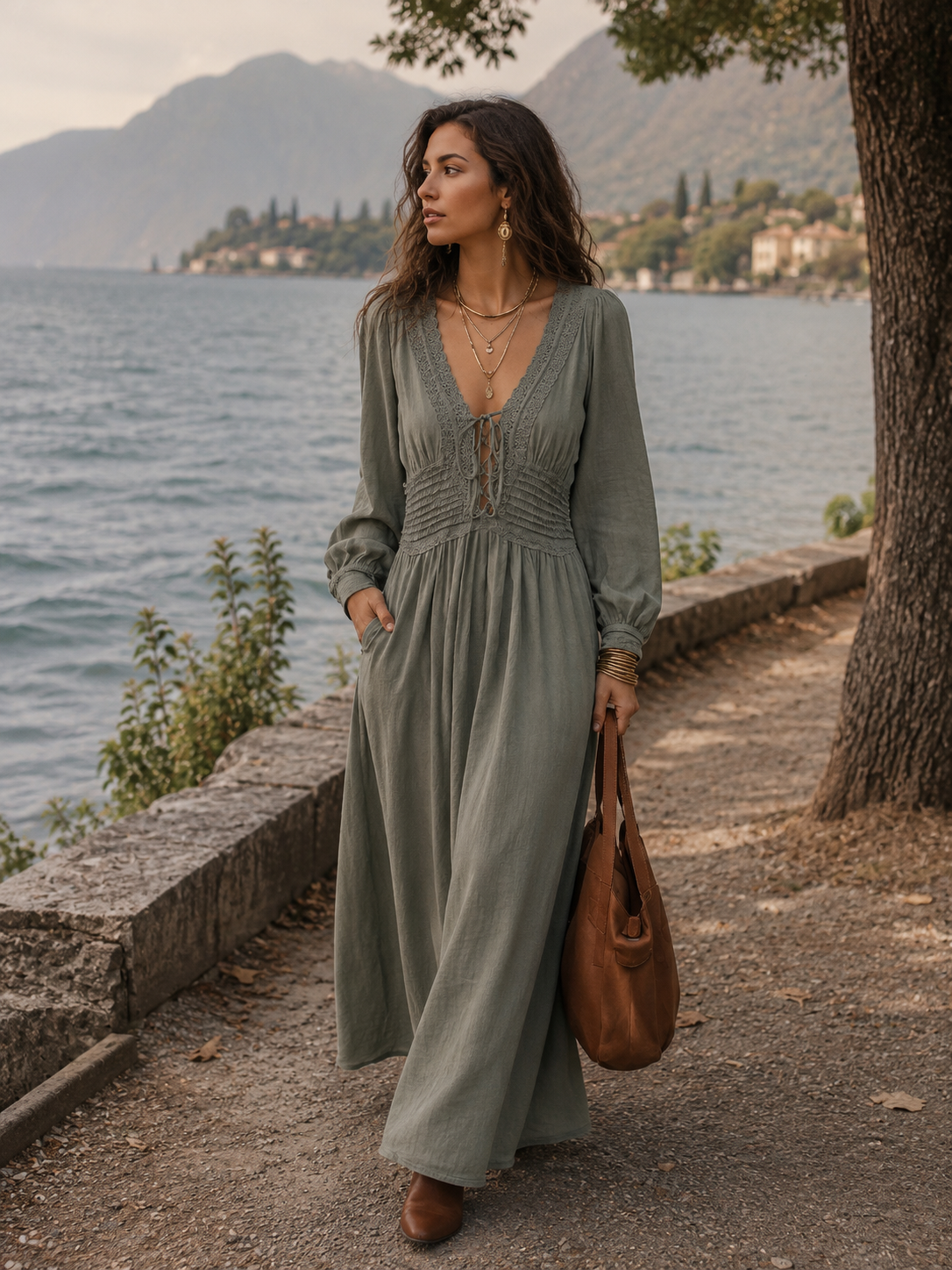 Elegant Sage Lace-Up Maxi Dress