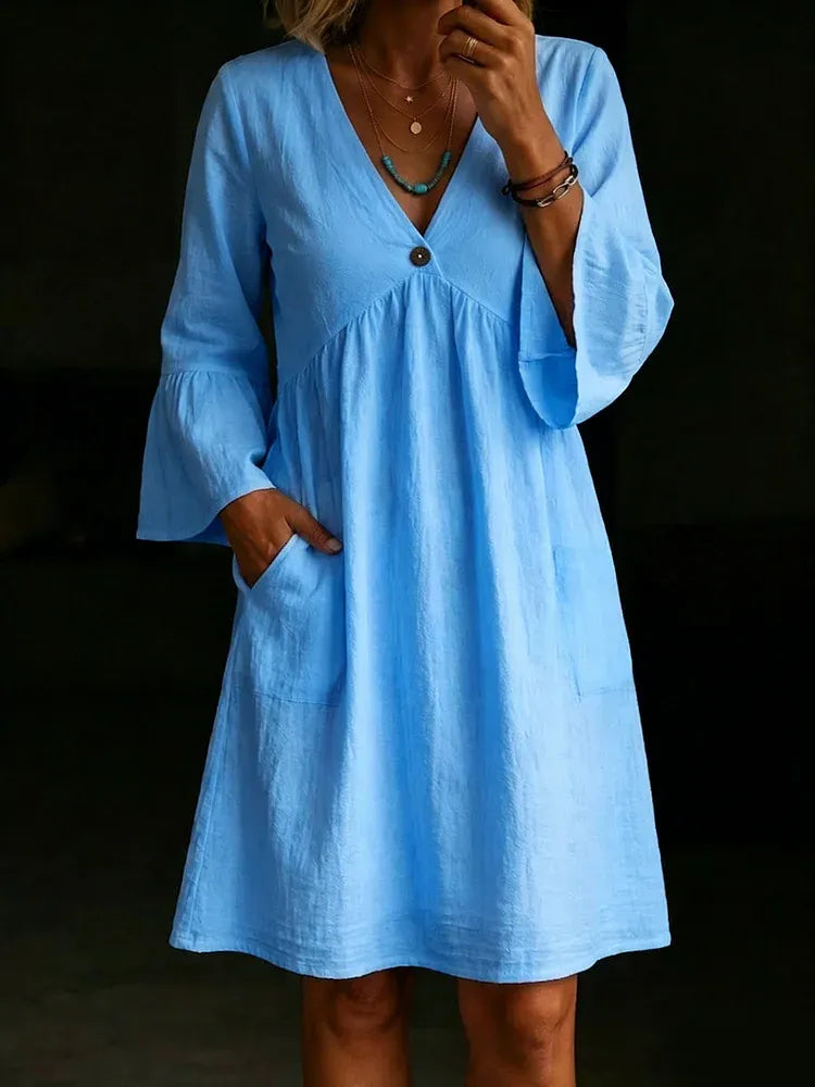 Ladies' Casual Daily Cotton And Linen V-Neck Patchwork Long Sleeved Jumpsuit Half Skirt