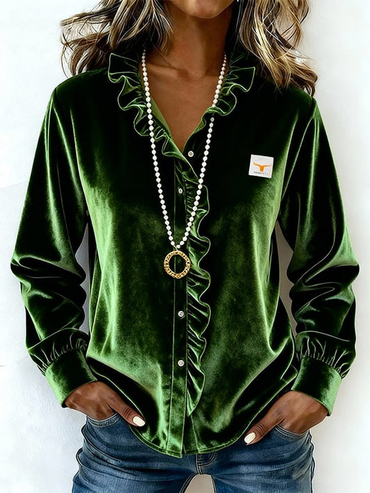 Women's Casual V-neck Ruffled Velvet Shirt