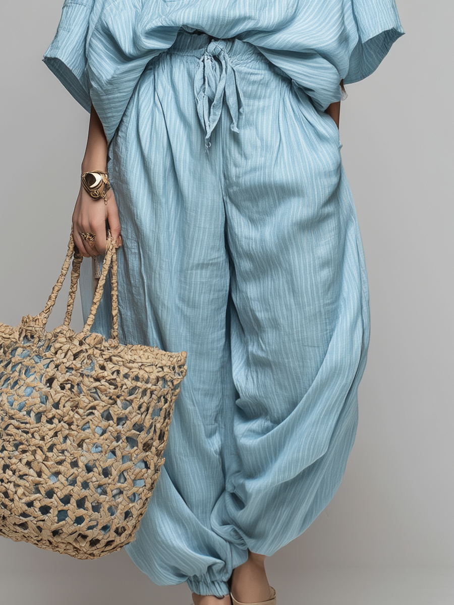 Relaxed Light Blue Striped Shirt & Drawstring Harem Pant Two-Piece Set