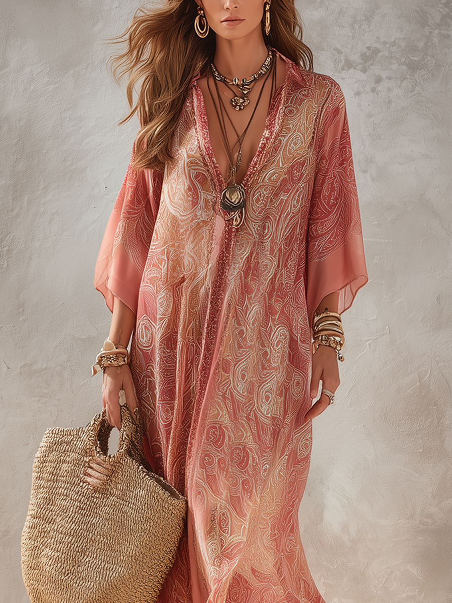 Sunset Coral V Neck Printed Flowing Maxi Dress