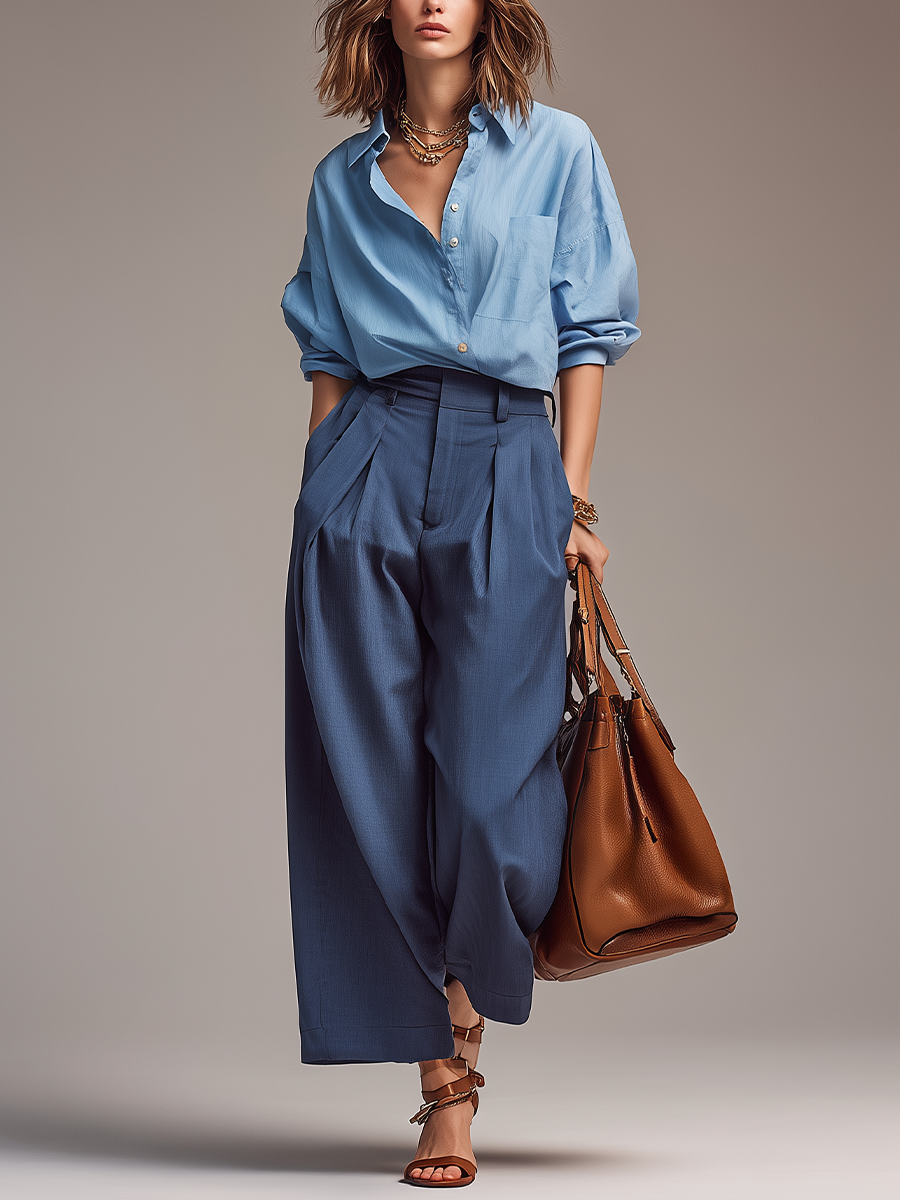 Polished Light Blue Oversized Shirt & Navy Pleated Wide-Leg Pant Set