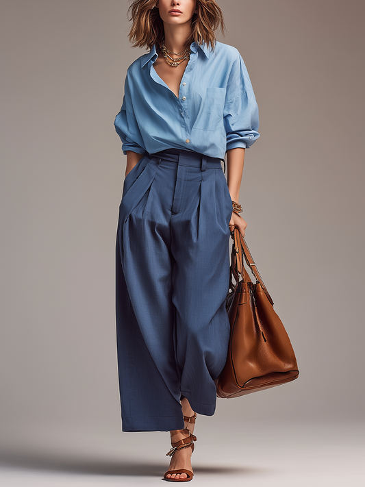 Polished Light Blue Oversized Shirt & Navy Pleated Wide-Leg Pant Set