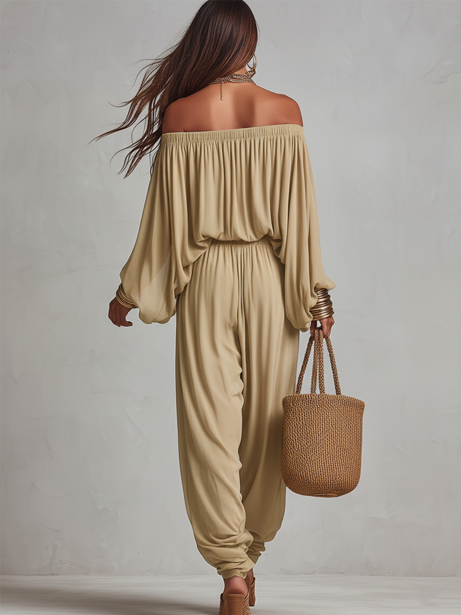 Effortless Dune Beige Off-the-Shoulder Draped Harem Trouser Co-ord Set