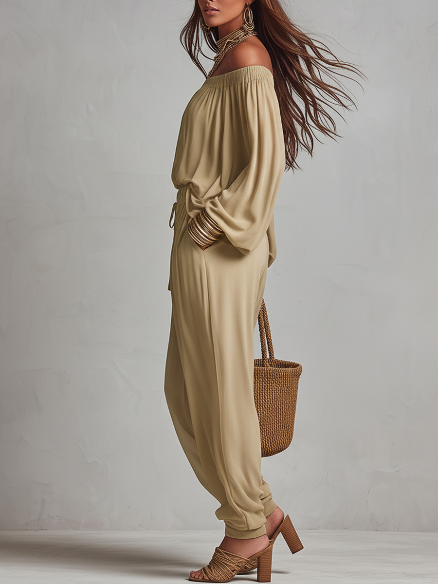 Effortless Dune Beige Off-the-Shoulder Draped Harem Trouser Co-ord Set
