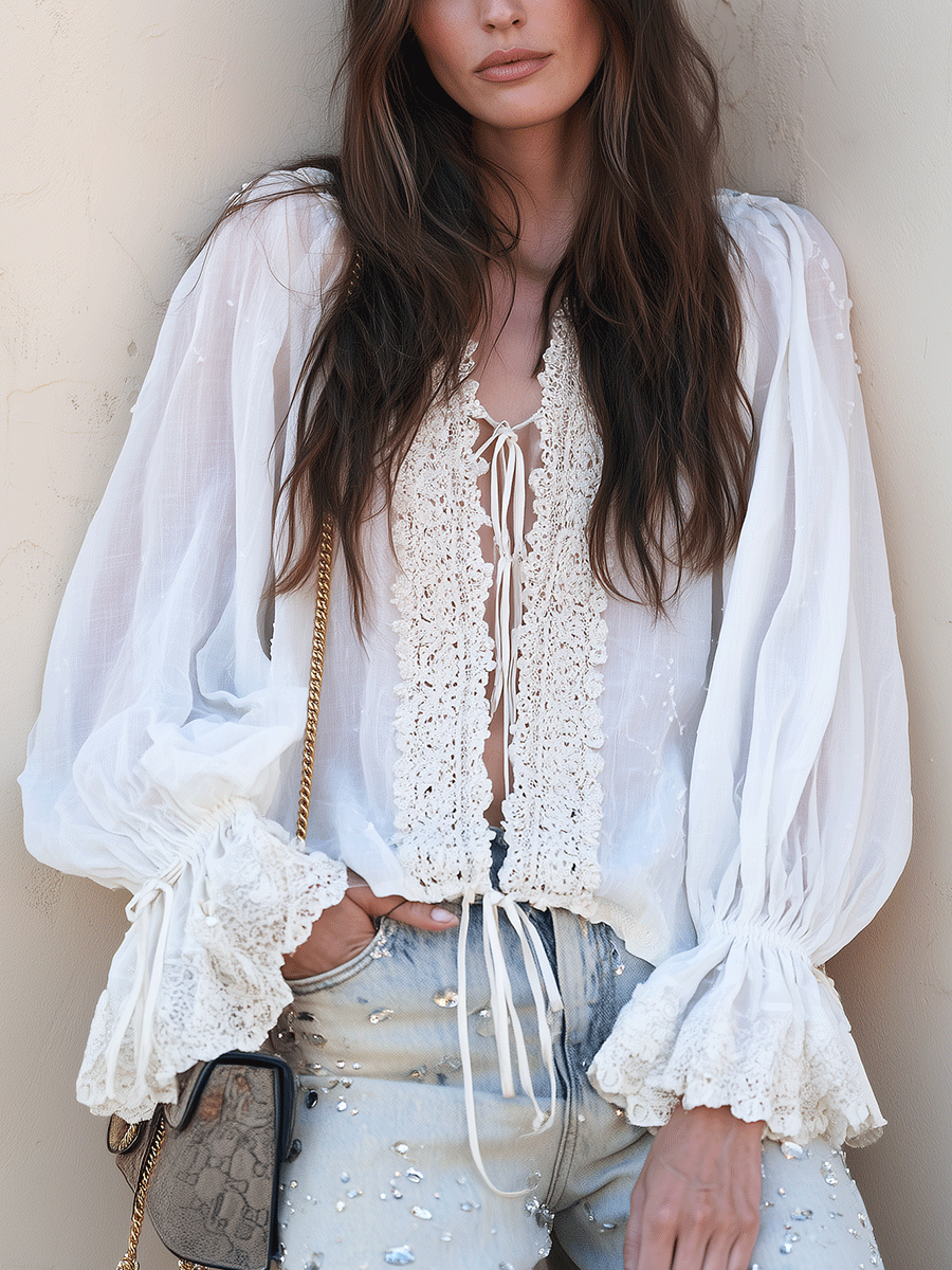 Romantic Boho Cotton-Gauze Crochet-Lace Tie-Front White Peasant Blouse