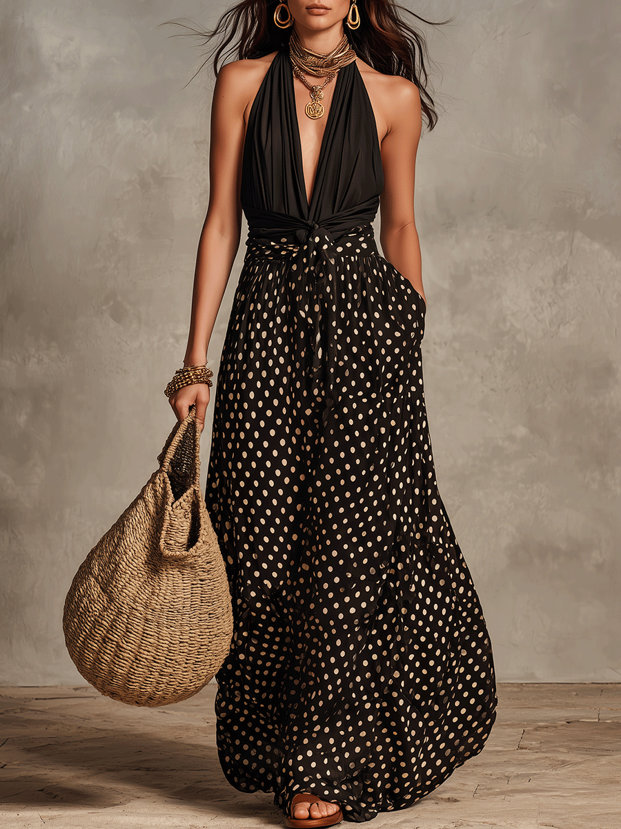 Elegant Bohemian Polka-Dot Halter Maxi Dress