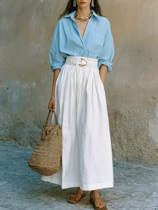 Effortless Coastal Chic Blue Shirt & White Maxi Skirt Set