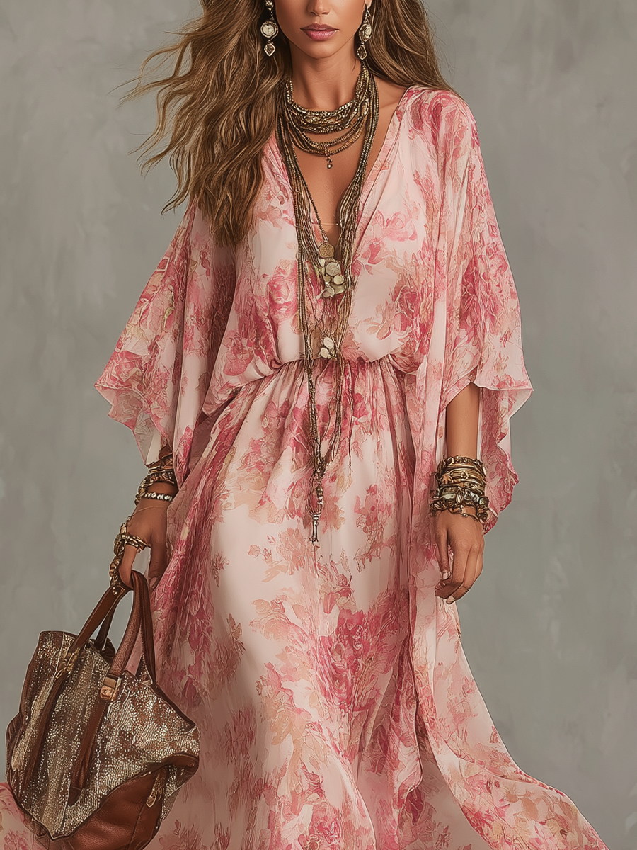 Light Pink Floral Print Flowing Maxi Dress
