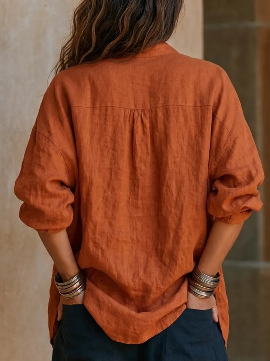 Women Autumn Thick Premium Cotton Linen Oversized Tunic Top Stand Collar Half Zip Long Sleeve Side Split Pocket Loose Fall Casual Blouse