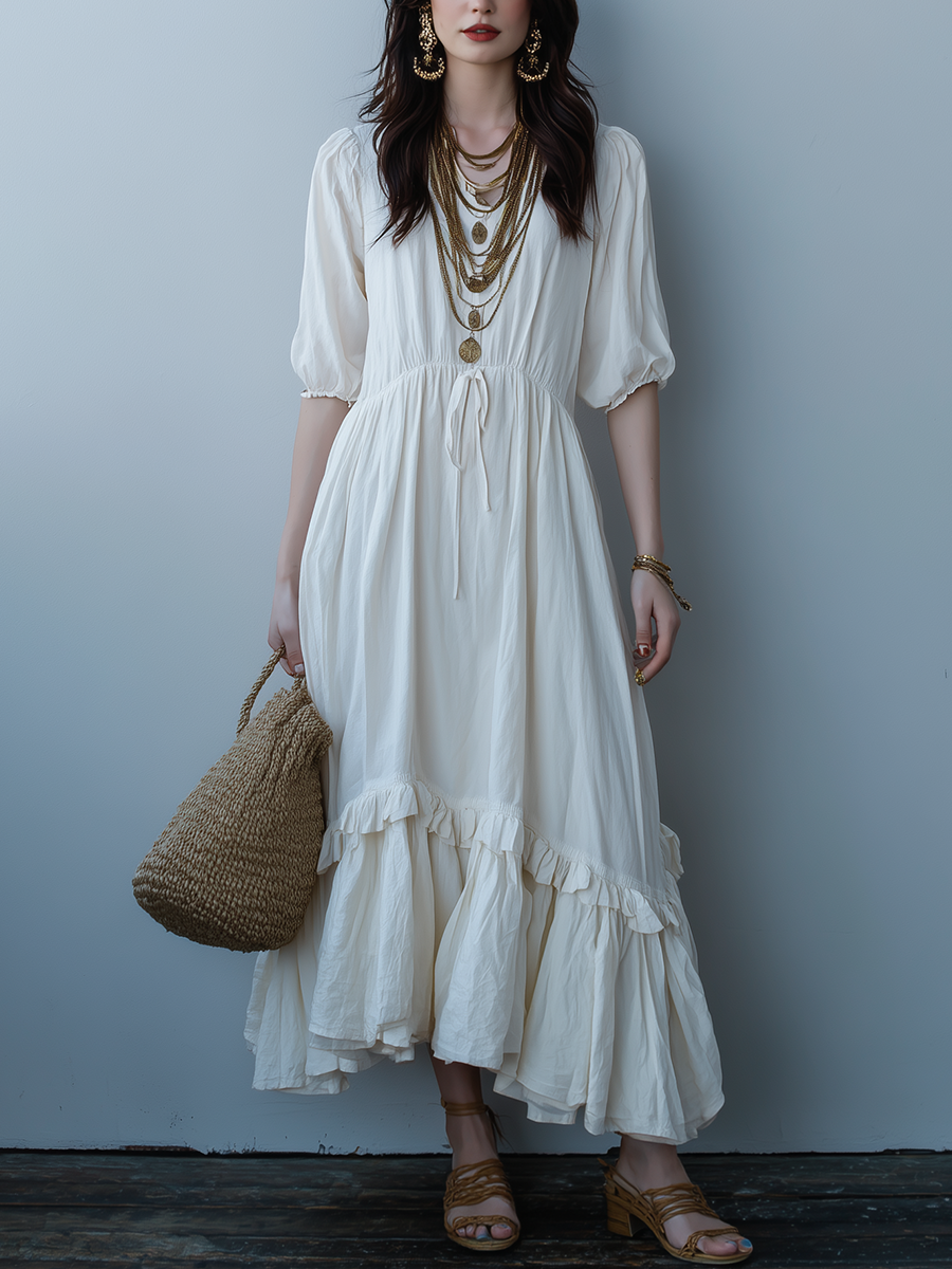 Ivory White High Waisted Drawstring Midi Dress With A Ruffled Hem