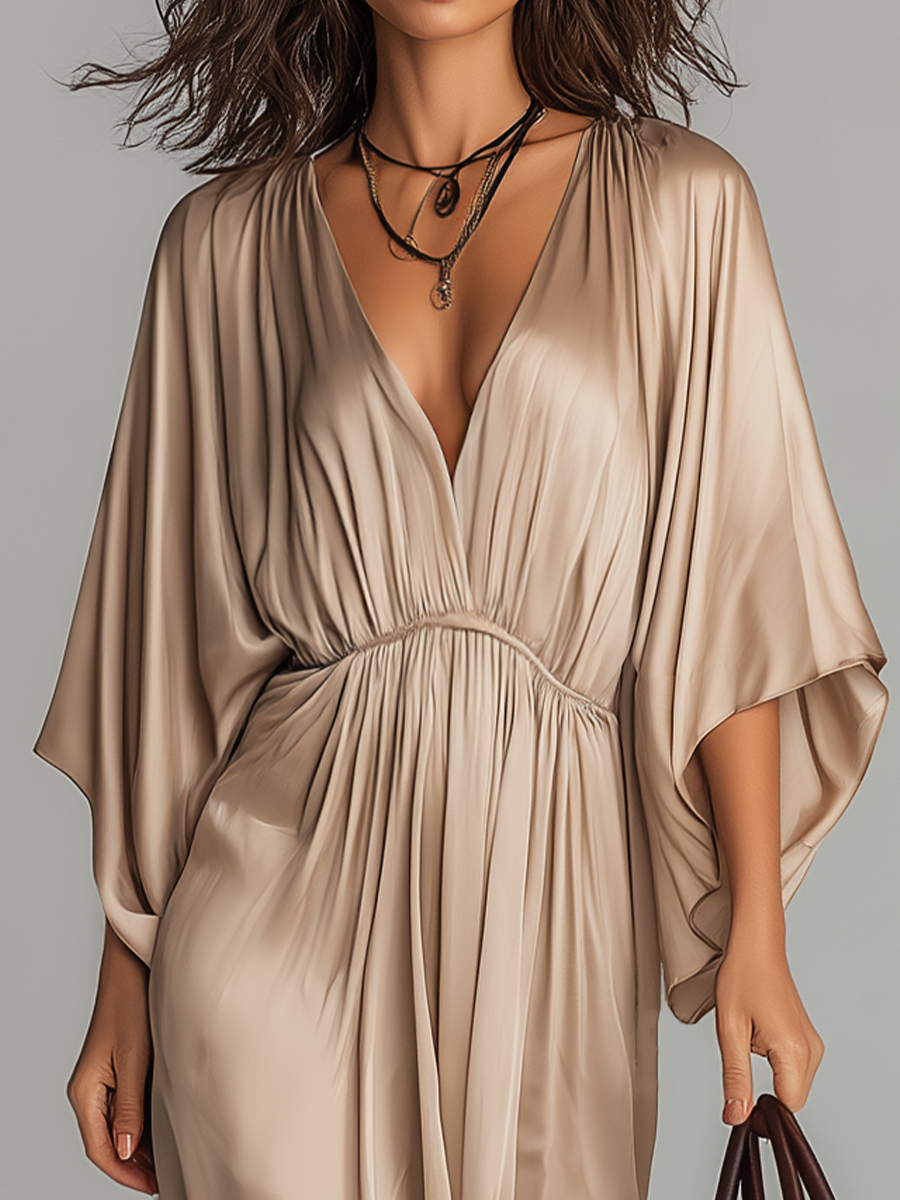 Elegant Draped Satin Kaftan Maxi Dress