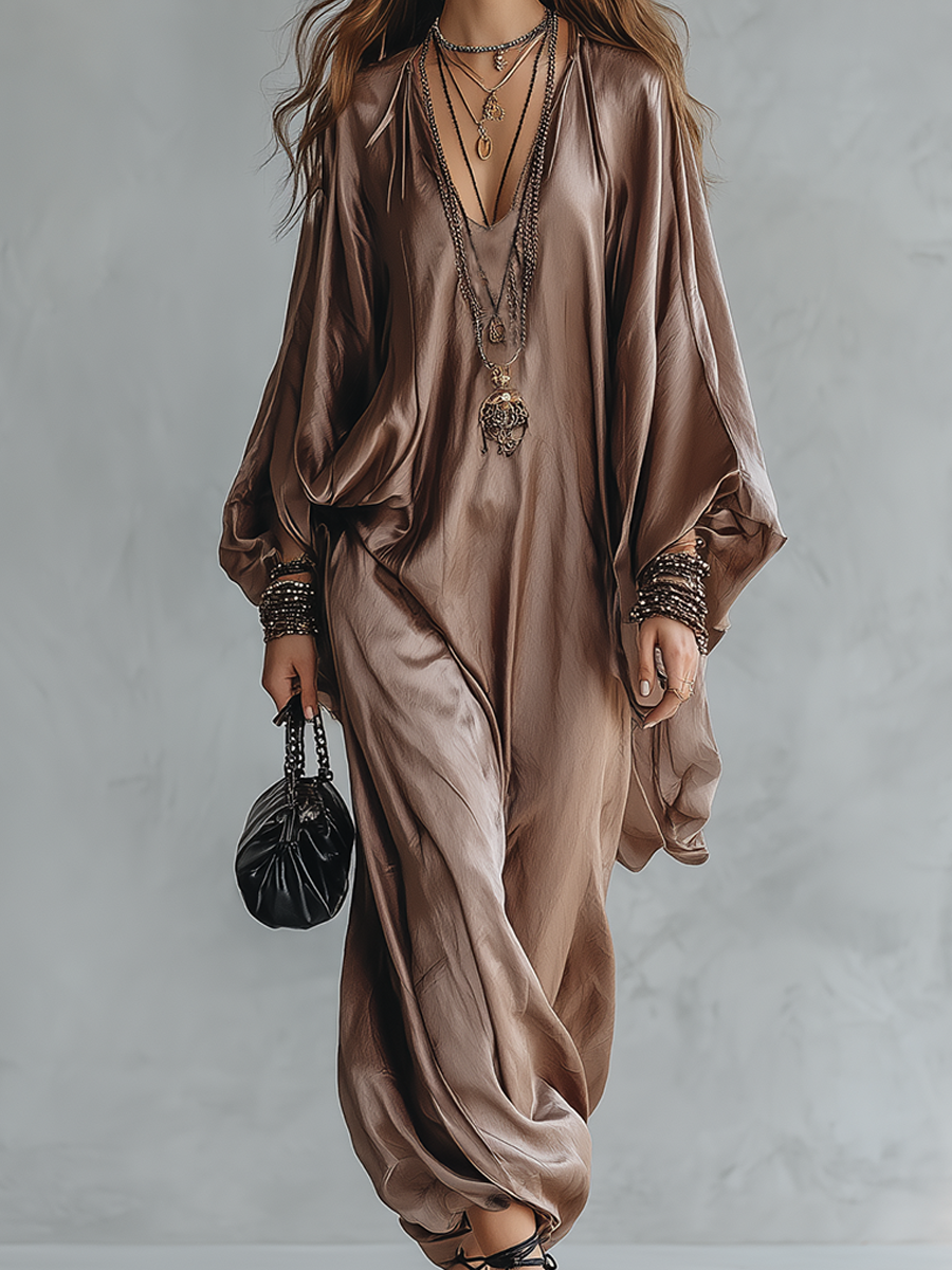 Champagne Satin Oversized Kaftan Jumpsuit With Batwing Sleeves