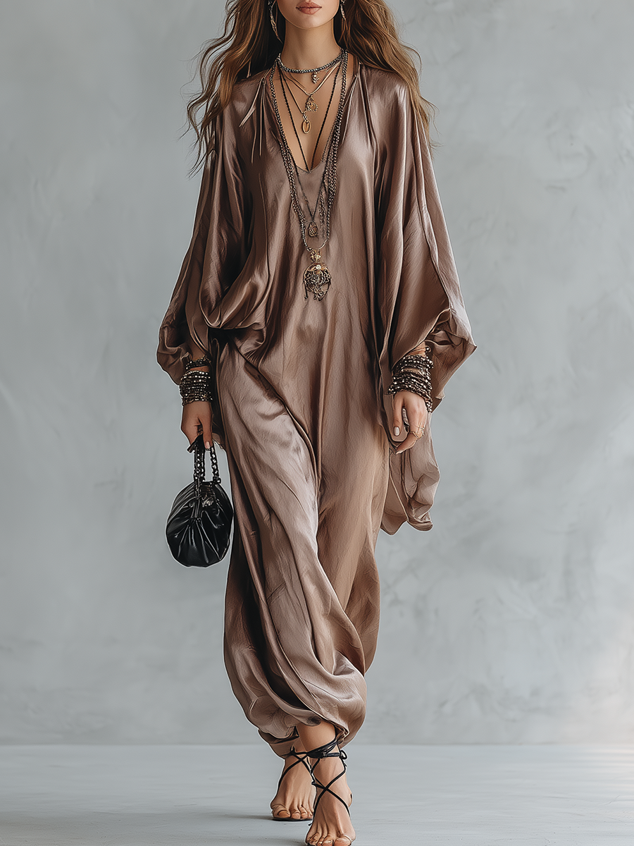 Champagne Satin Oversized Kaftan Jumpsuit With Batwing Sleeves