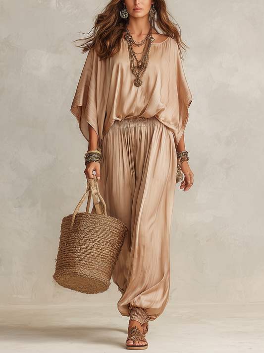 Bohemian Khaki Batwing Sleeve Top And Lantern Pants Set