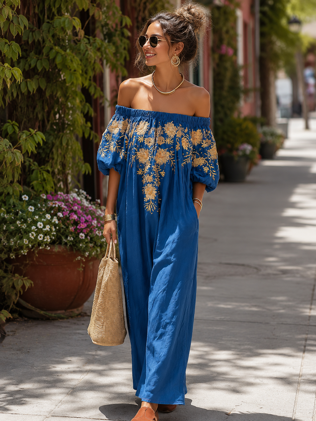 Elegant Floral Print Off-Shoulder Maxi Dress