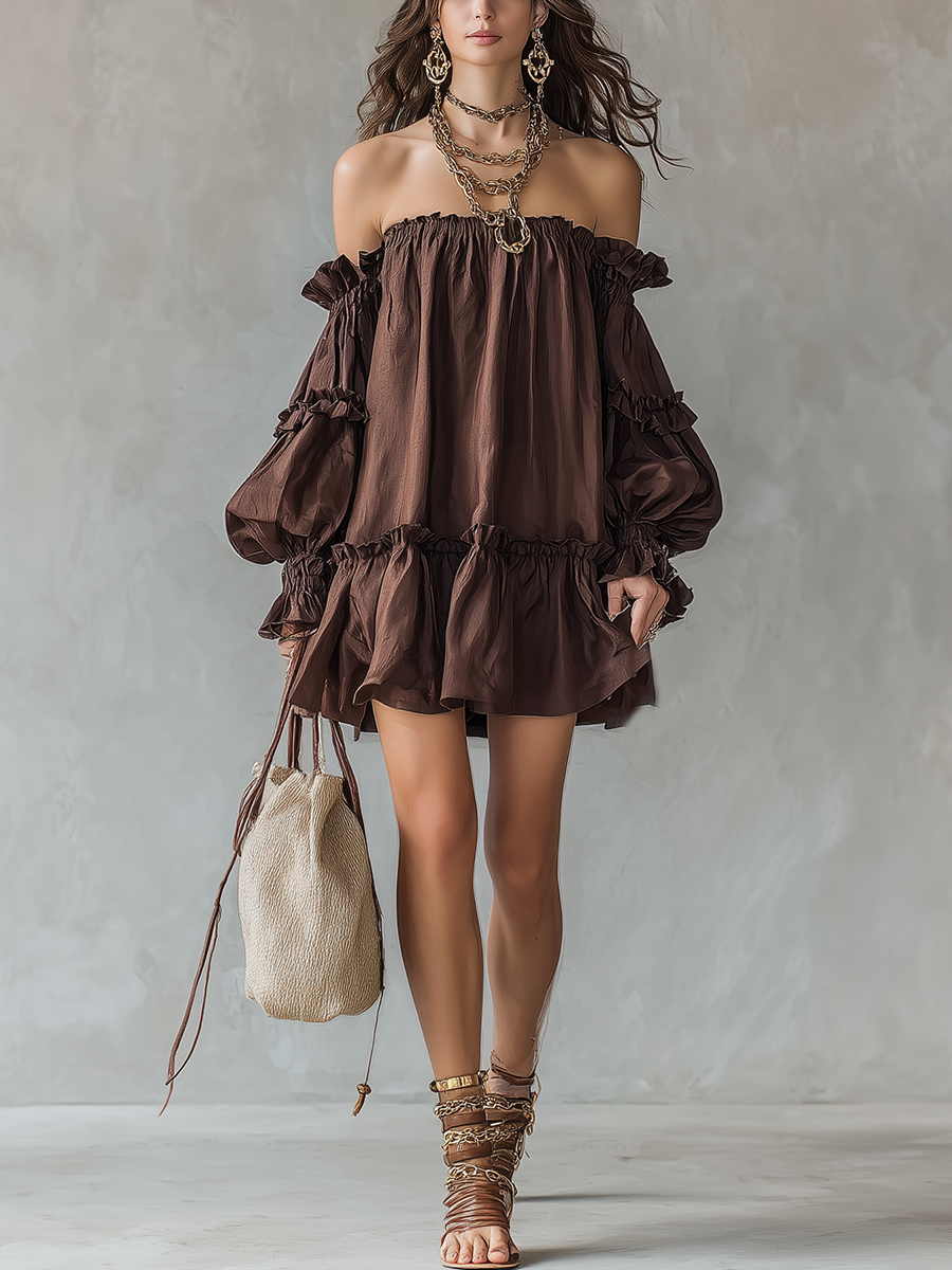 Bohemian Brown Off The Shoulder Ruffle Dress
