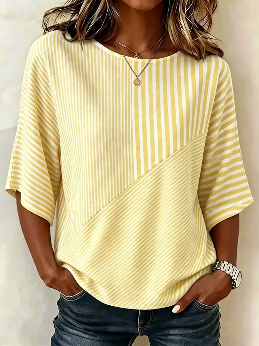 Women's Stripe Colorblock Crew Neck Half Sleeve Relaxed Top