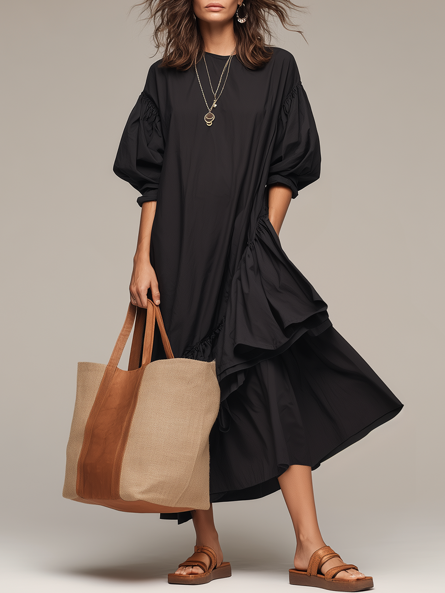 Dramatic Black Puff-Sleeve Asymmetrical Ruffle Maxi Dress