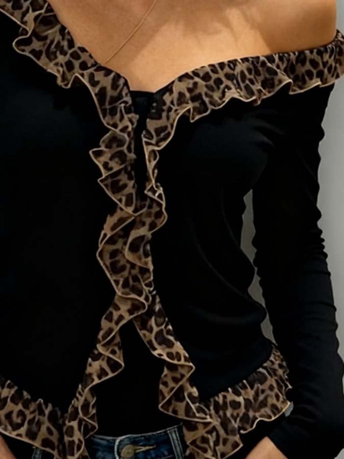 Women'S Casual Leopard Print Color-Block Spliced Top