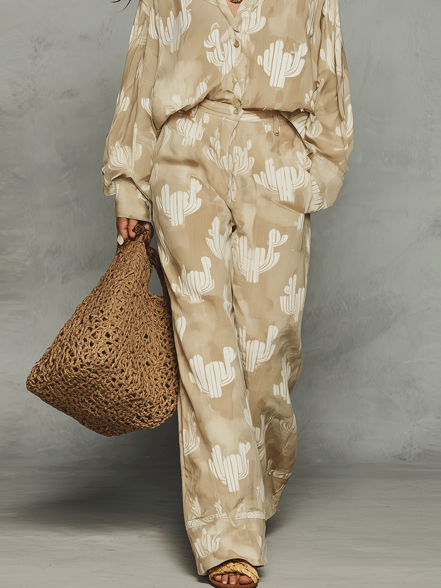 Effortless Bohemian Cactus Print Shirt & Wide-Leg Pants Set