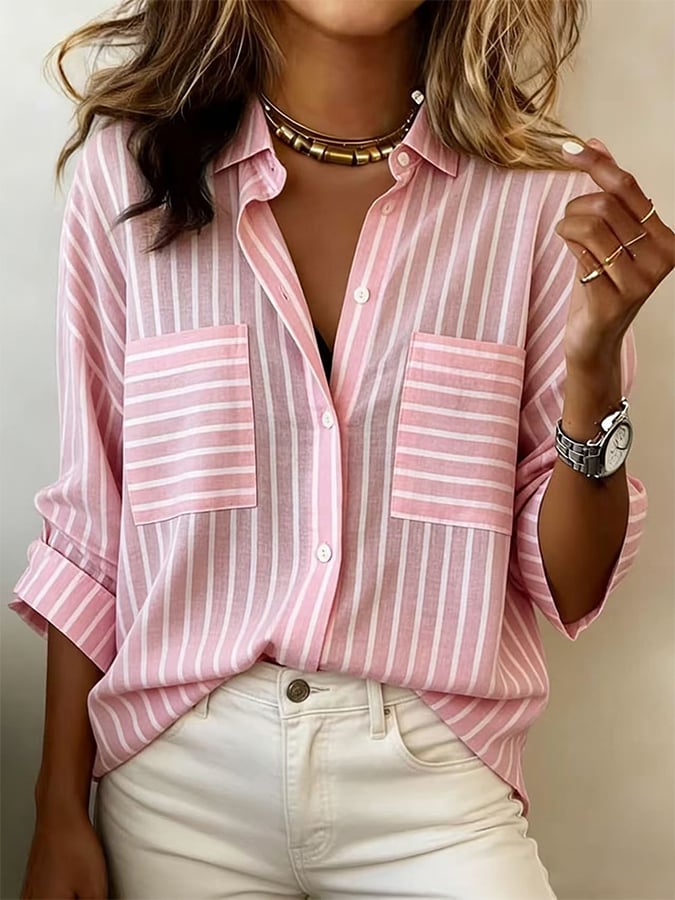 Women'S Casual Collared Mid-Length Sleeve Striped Shirt