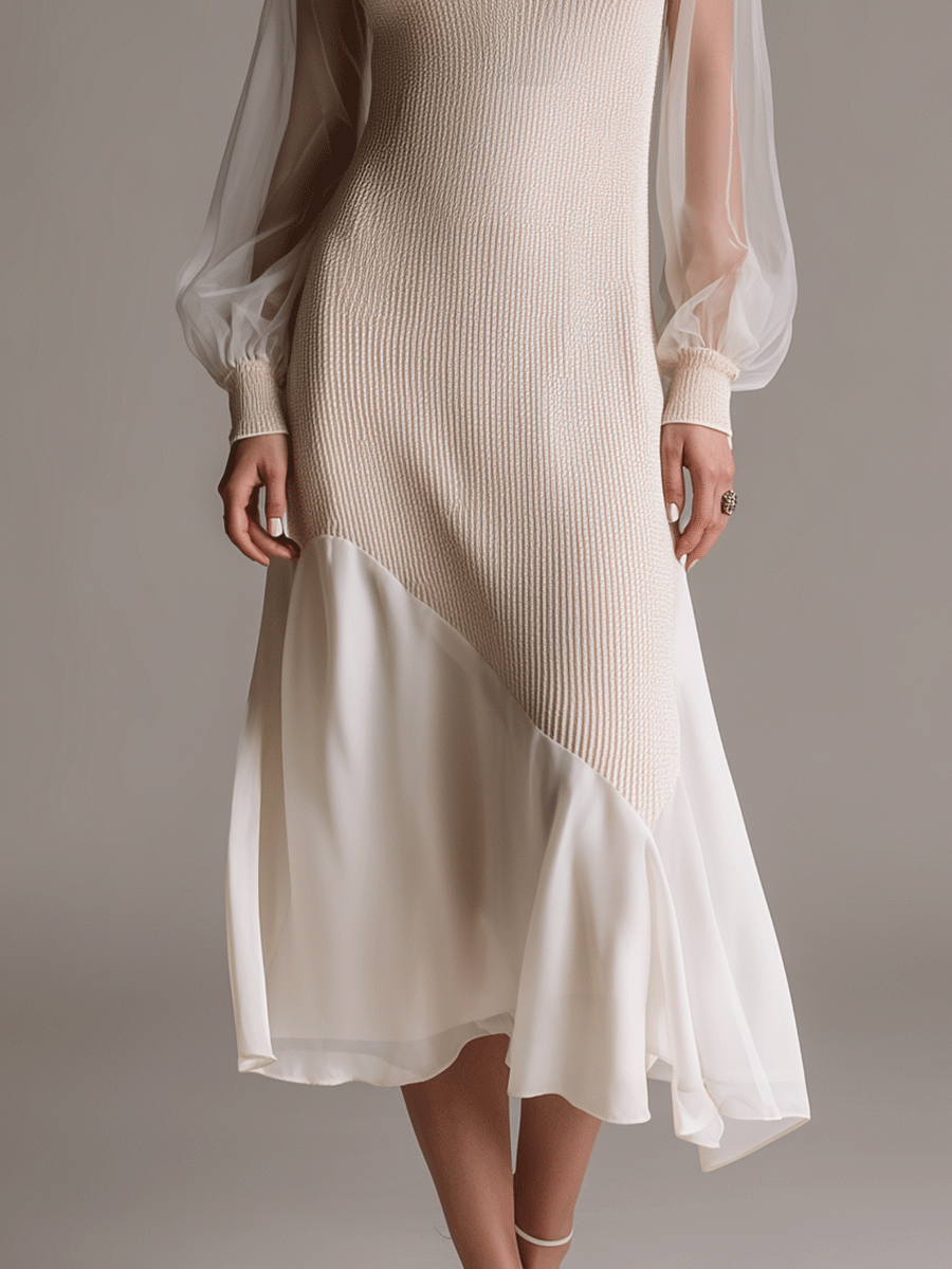 Elegant Minimalist Long-Sleeve V-Neck Midi Dress