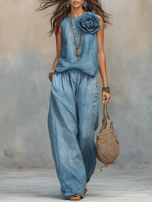 Bohemian Soft Blue Maxi Top And Loose Pants Set