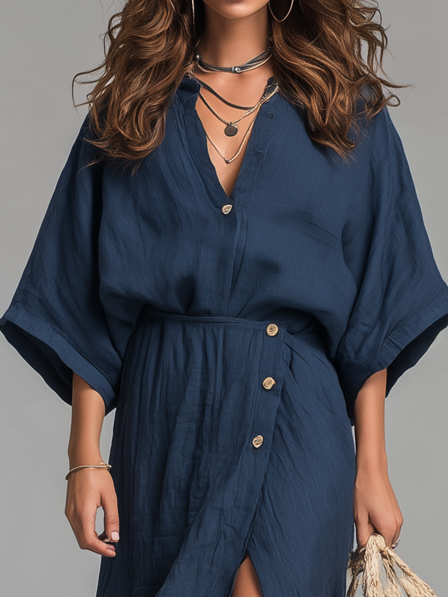 Elegant Navy V-Neck Wrap-Style Slit Maxi Dress