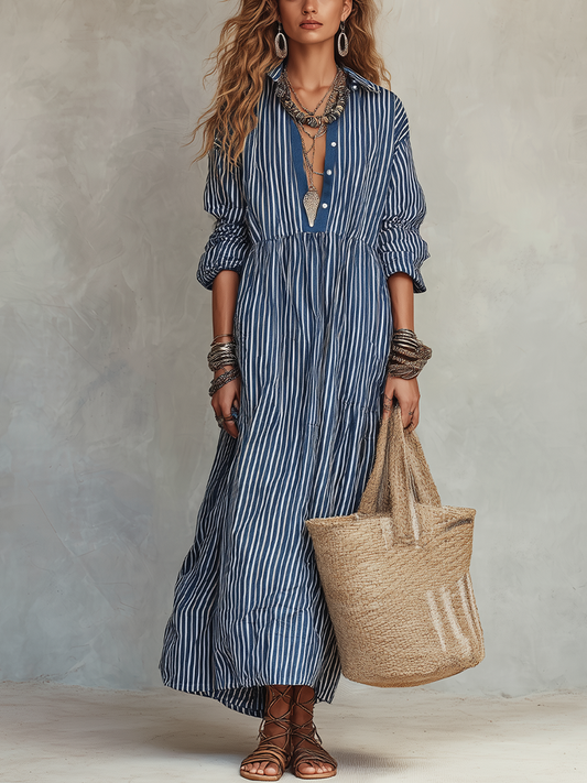 Retro Indigo Striped Bohemian Maxi Dress