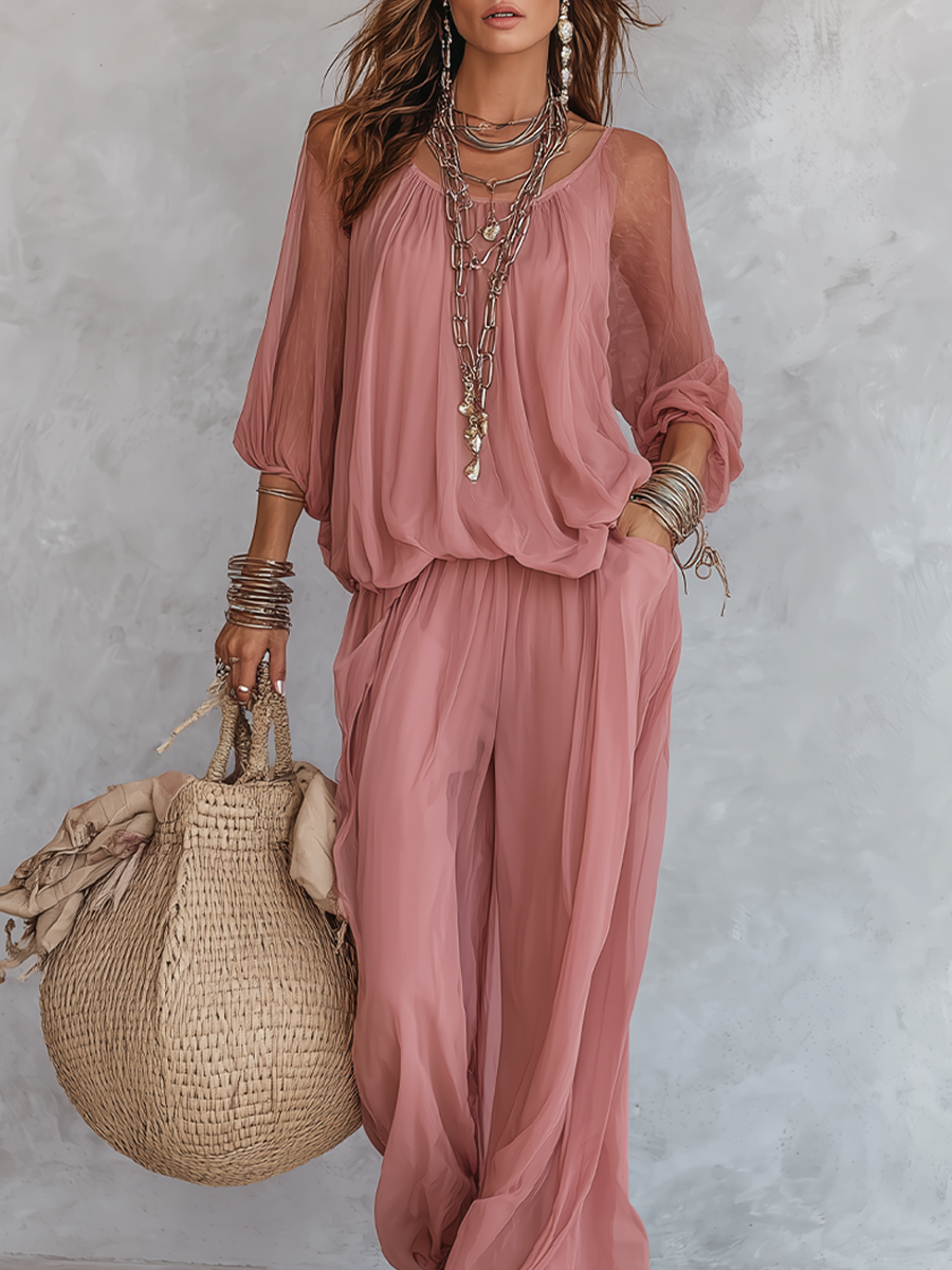 Elegant Light Rose Pink Flowy Top And Wide Leg Pants Set