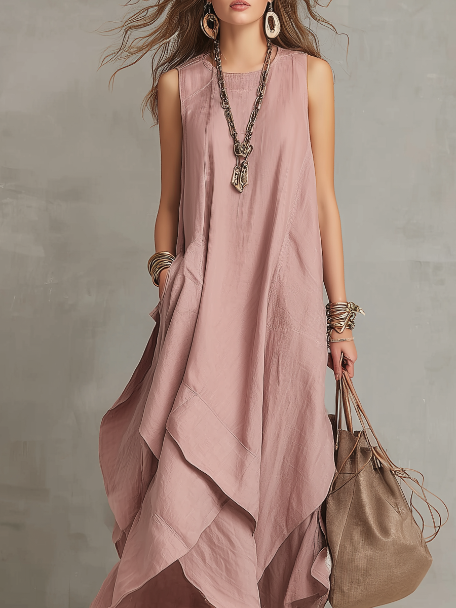 Bohemian Pink Nude Irregular Cotton And Linen Maxi Dress