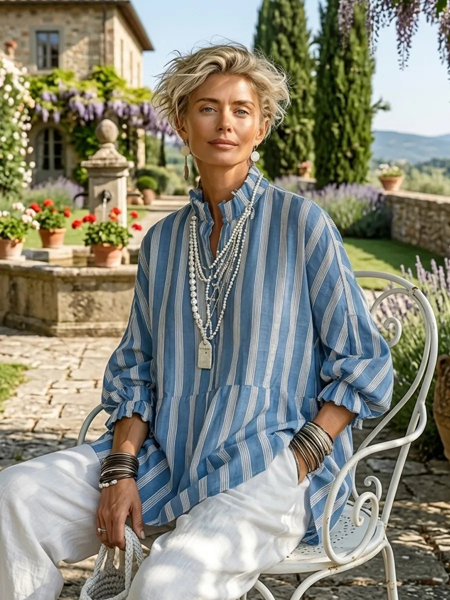 Women's Vintage Casual Linen Blend Vertical Stripes Mandarin Collar, and Lantern Sleeves Loose Blouse