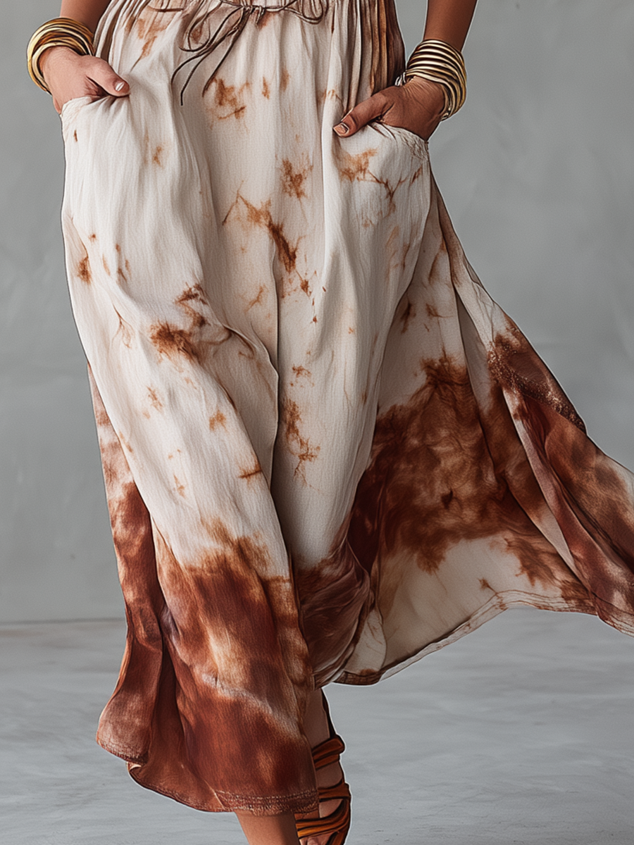 Minimal Mocha Tie-Dye Drawstring Maxi Dress