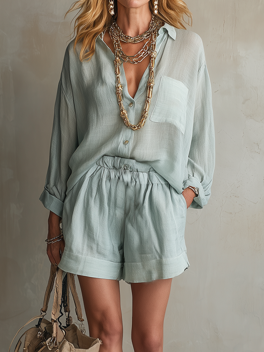 Sage Linen Relaxed Shirt Drawstring Shorts Set