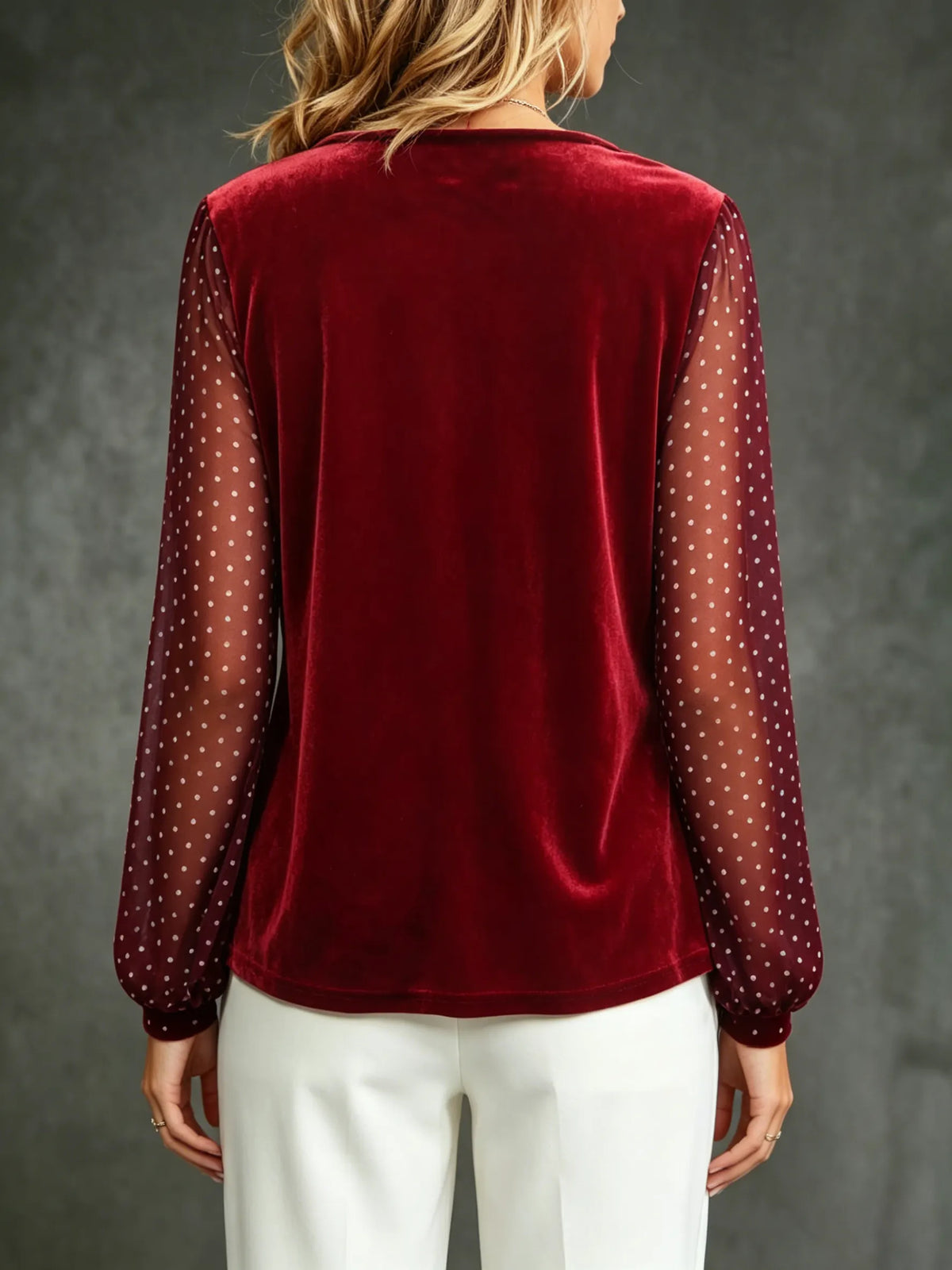 Velvet And Polka-dot Mesh Panel Top With Cowl Neck And Long Lantern Sleeves