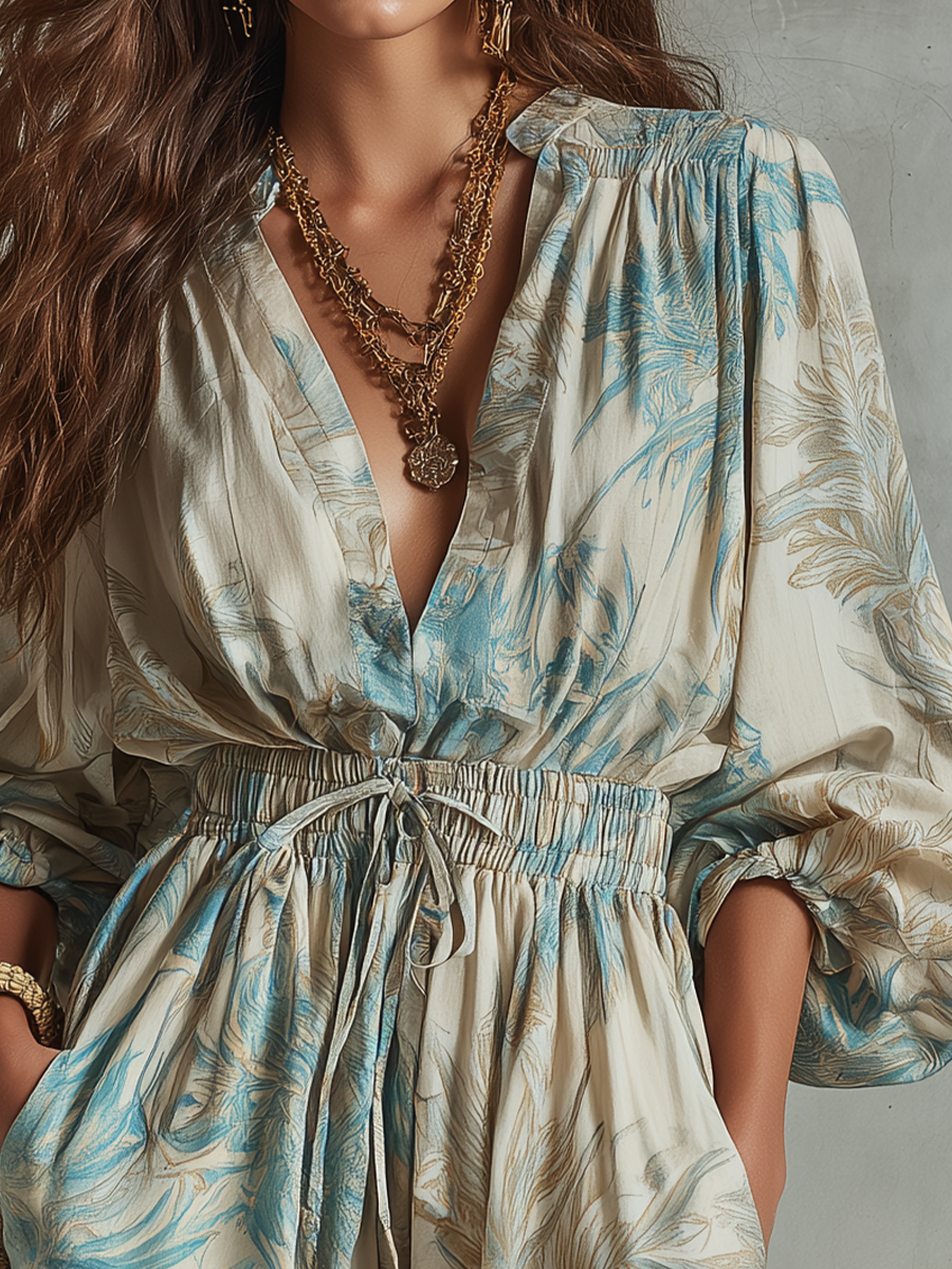Tropical Leaf Print Puff-Sleeve Top & Drawstring Short Set